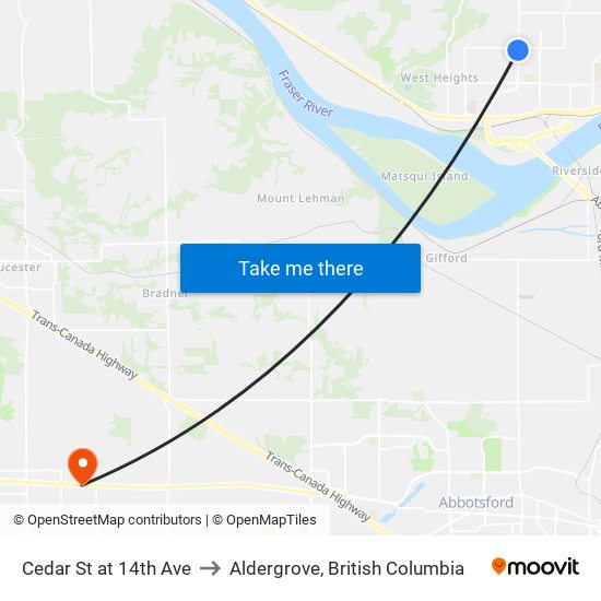 Cedar & 14 Av to Aldergrove, British Columbia map