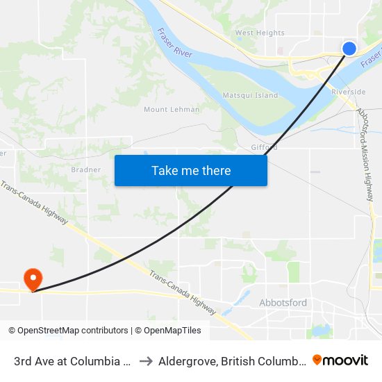 3rd Ave at Columbia St to Aldergrove, British Columbia map