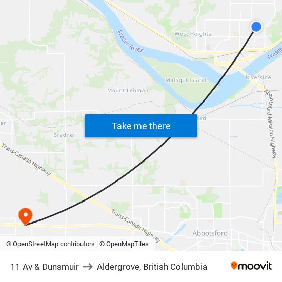 11th Ave at Dunsmuir St to Aldergrove, British Columbia map