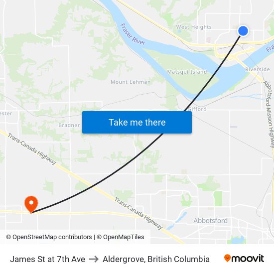 James St at 7th Ave to Aldergrove, British Columbia map
