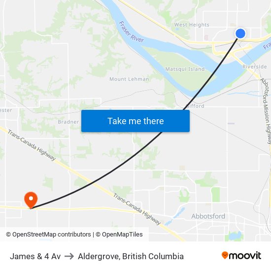 James St at 4th Ave to Aldergrove, British Columbia map