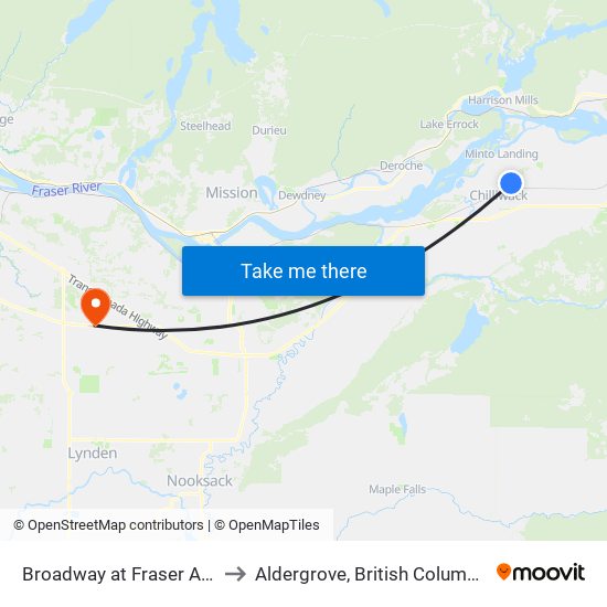 Broadway at Fraser Ave to Aldergrove, British Columbia map