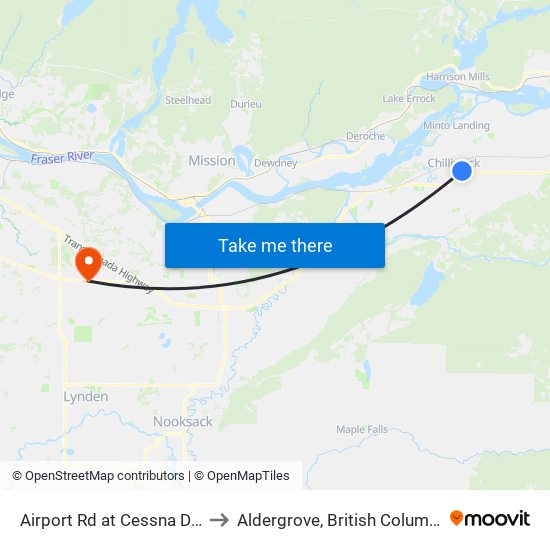 Airport Rd at Cessna Dr E to Aldergrove, British Columbia map