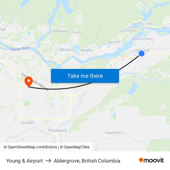 Young & Airport to Aldergrove, British Columbia map