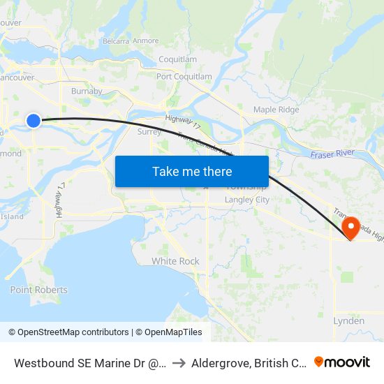 Westbound SE Marine Dr @ Knight St to Aldergrove, British Columbia map