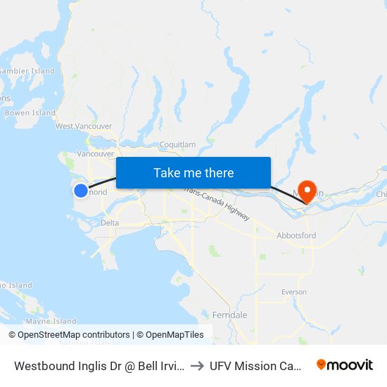 Westbound Inglis Dr @ Bell Irving Rd to UFV Mission Campus map