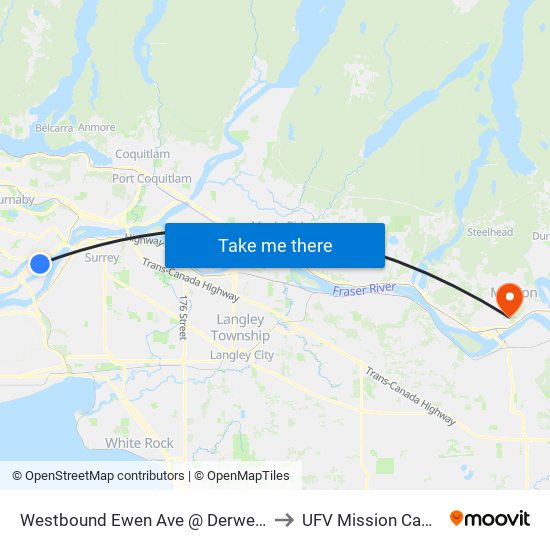 Westbound Ewen Ave @ Derwent Way to UFV Mission Campus map