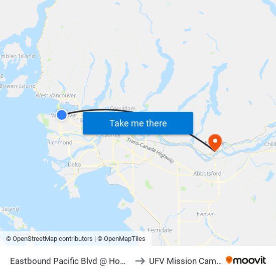 Eastbound Pacific Blvd @ Homer St to UFV Mission Campus map