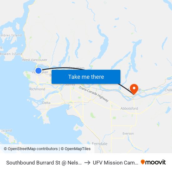 Southbound Burrard St @ Nelson St to UFV Mission Campus map