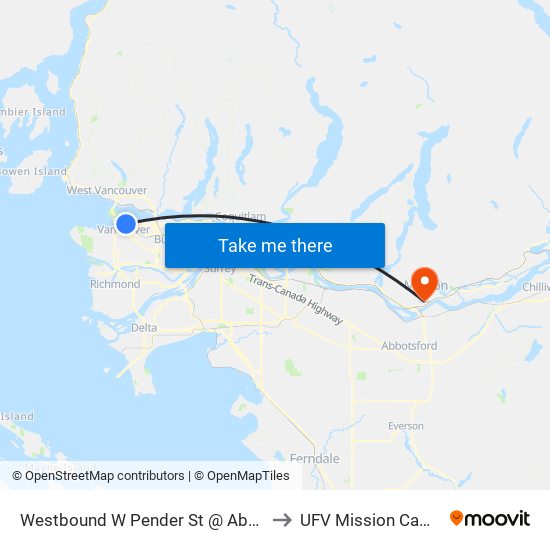 Westbound W Pender St @ Abbott St to UFV Mission Campus map