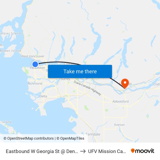 Eastbound W Georgia St @ Denman St to UFV Mission Campus map