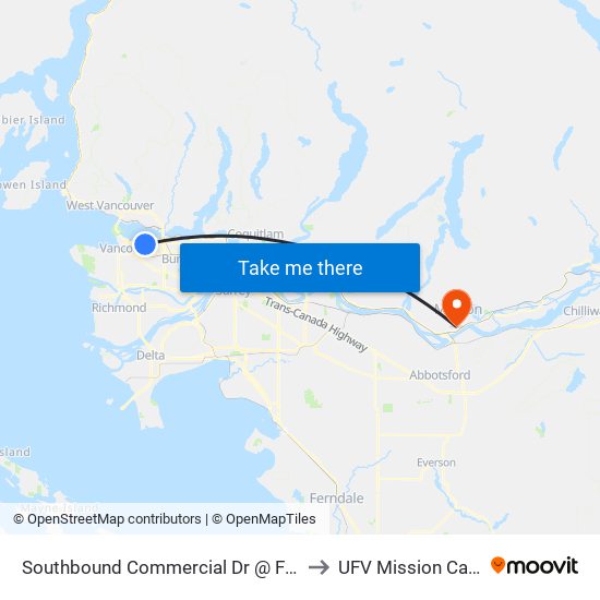 Southbound Commercial Dr @ Frances St to UFV Mission Campus map