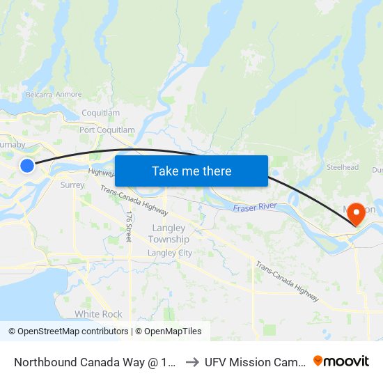 Northbound Canada Way @ 16 Ave to UFV Mission Campus map