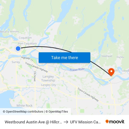 Westbound Austin Ave @ Hillcrest St to UFV Mission Campus map