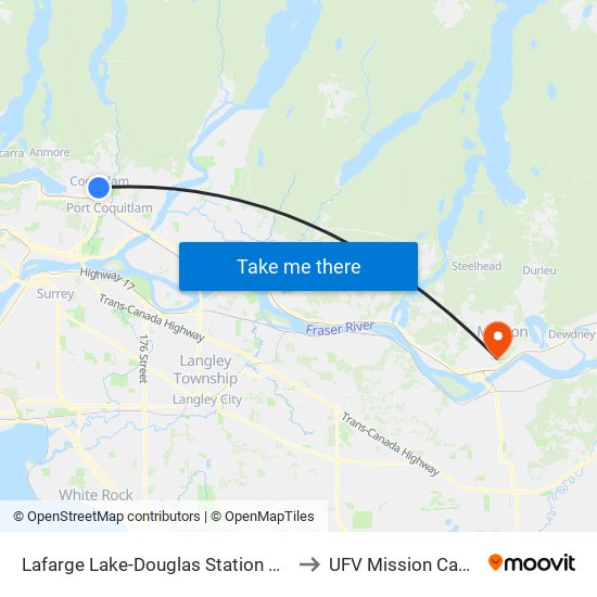 Lafarge Lake-Douglas Station @ Bay 3 to UFV Mission Campus map