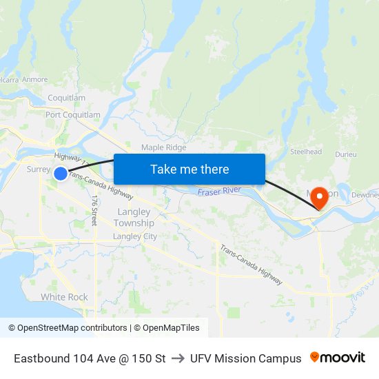 Eastbound 104 Ave @ 150 St to UFV Mission Campus map