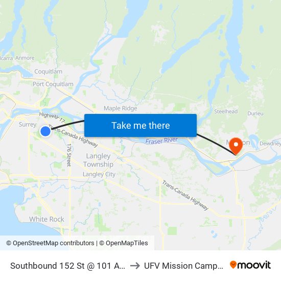 Southbound 152 St @ 101 Ave to UFV Mission Campus map