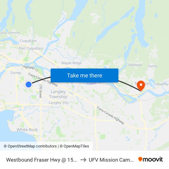 Westbound Fraser Hwy @ 156 St to UFV Mission Campus map