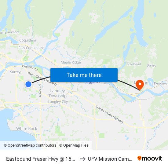 Eastbound Fraser Hwy @ 156 St to UFV Mission Campus map