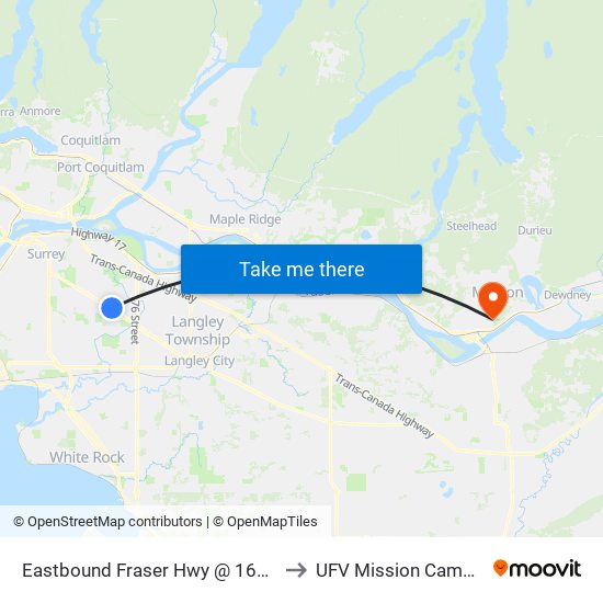 Eastbound Fraser Hwy @ 164 St to UFV Mission Campus map