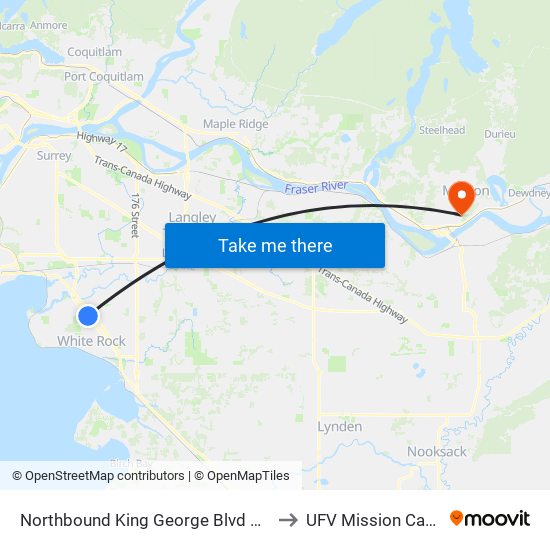 Northbound King George Blvd @ 152 St to UFV Mission Campus map