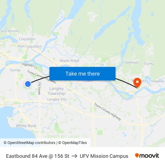 Eastbound 84 Ave @ 156 St to UFV Mission Campus map