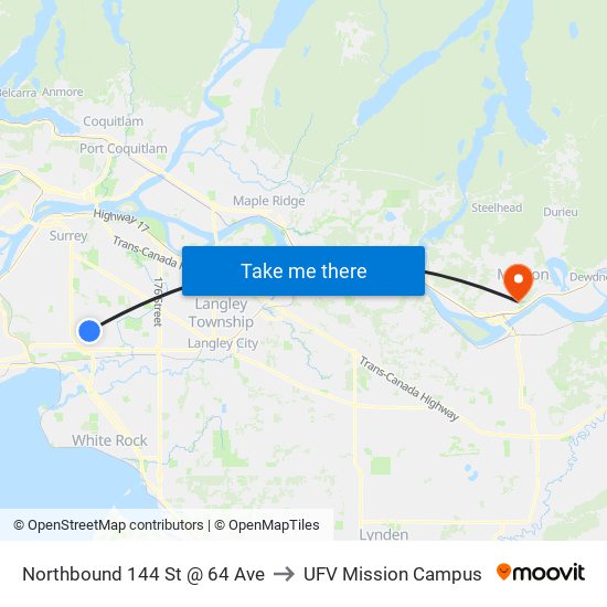 Northbound 144 St @ 64 Ave to UFV Mission Campus map