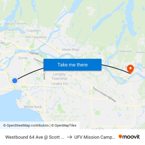 Westbound 64 Ave @ Scott Rd to UFV Mission Campus map