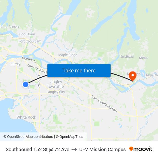 Southbound 152 St @ 72 Ave to UFV Mission Campus map