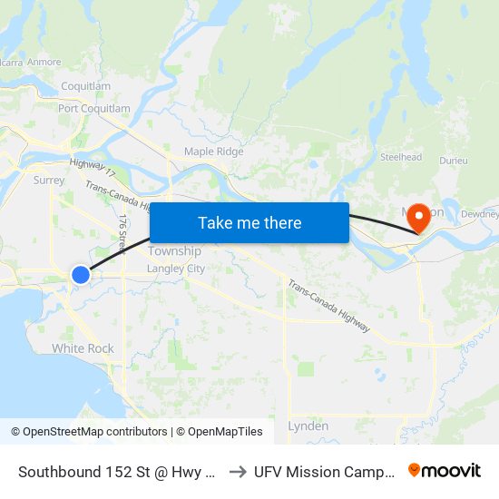 Southbound 152 St @ Hwy 10 to UFV Mission Campus map