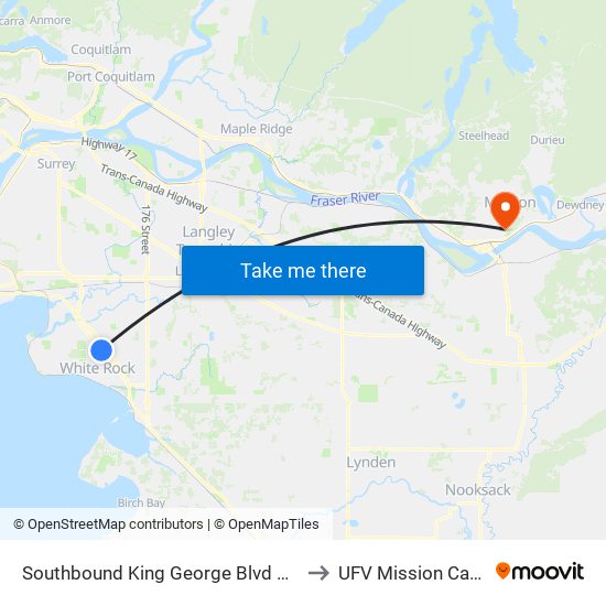 Southbound King George Blvd @ 24 Ave to UFV Mission Campus map