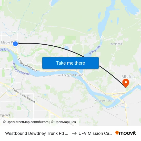Westbound Dewdney Trunk Rd @ 230 St to UFV Mission Campus map