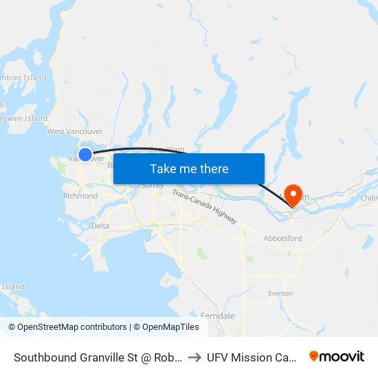 Southbound Granville St @ Robson St to UFV Mission Campus map