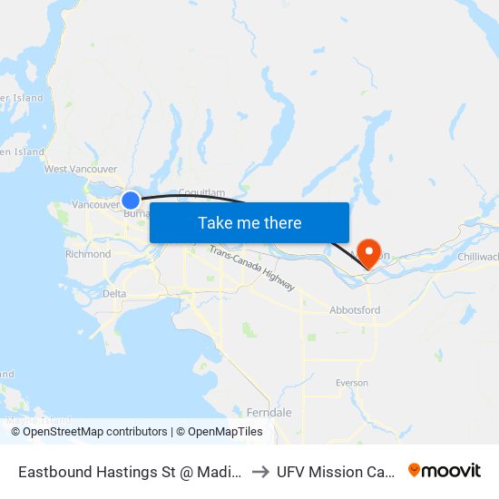 Eastbound Hastings St @ Madison Ave to UFV Mission Campus map