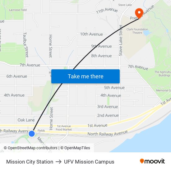 Mission City Station to UFV Mission Campus map