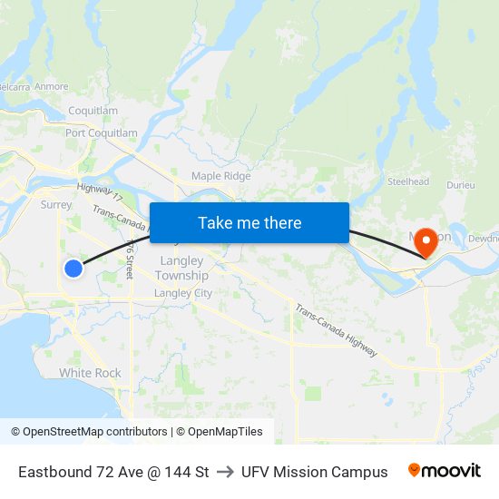 Eastbound 72 Ave @ 144 St to UFV Mission Campus map