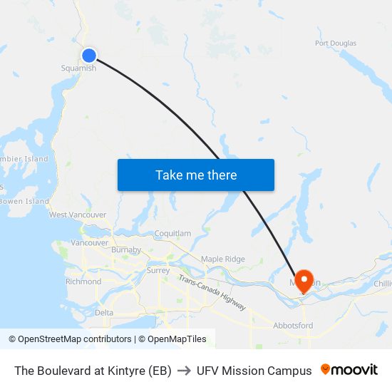 The Boulevard at Kintyre (EB) to UFV Mission Campus map