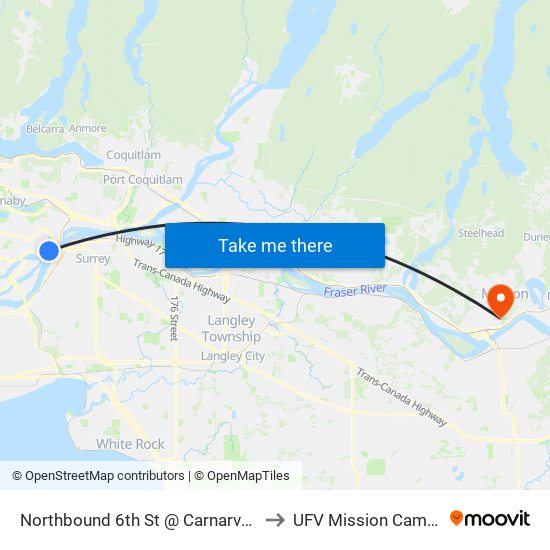 Northbound 6th St @ Carnarvon St to UFV Mission Campus map