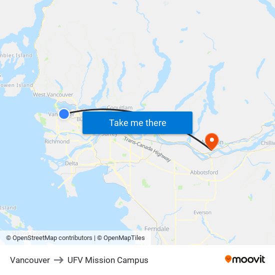 Vancouver to UFV Mission Campus map