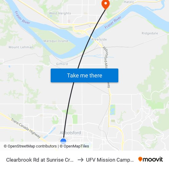 Clearbrook & Sunrise to UFV Mission Campus map