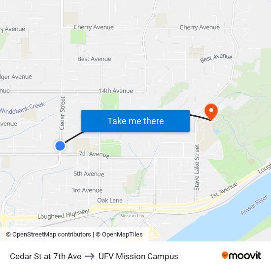 Cedar St at 7th Ave to UFV Mission Campus map