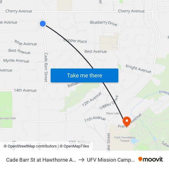 Cade Barr St at Hawthorne Ave to UFV Mission Campus map