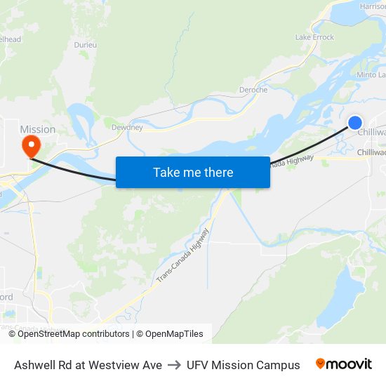 Ashwell Rd at Westview Ave to UFV Mission Campus map