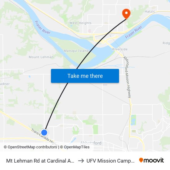 Mt Lehman Rd at Cardinal Ave to UFV Mission Campus map