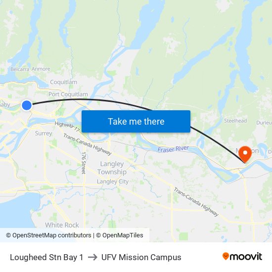 Lougheed Stn Bay 1 to UFV Mission Campus map