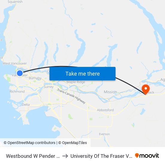 Westbound W Pender St @ Seymour St to University Of The Fraser Valley, Chilliwack BC map