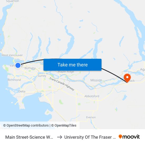 Main Street-Science World Station @ Bay 1 to University Of The Fraser Valley, Chilliwack BC map