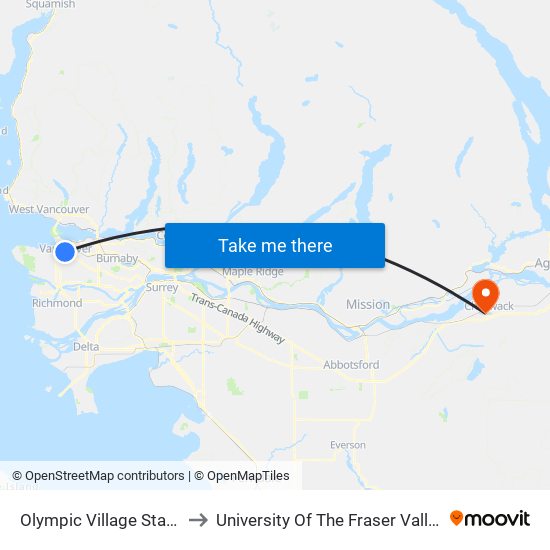 Olympic Village Station @ Bay 1 to University Of The Fraser Valley, Chilliwack BC map