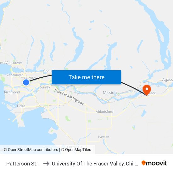 Patterson Station to University Of The Fraser Valley, Chilliwack BC map