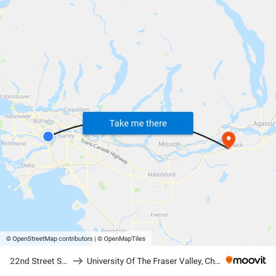 22nd Street Station to University Of The Fraser Valley, Chilliwack BC map